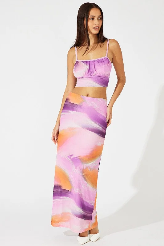 Pink Abstract Maxi Skirt High Rise Mesh