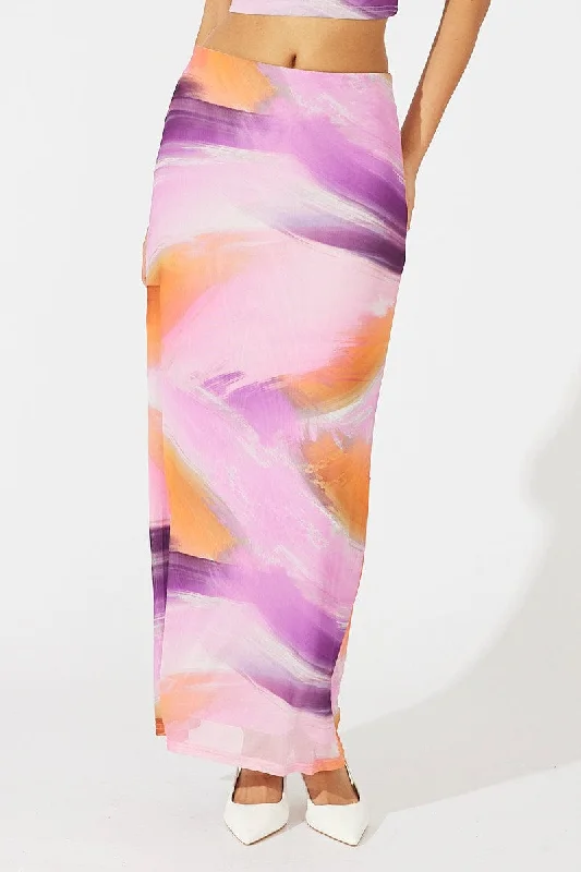 Pink Abstract Maxi Skirt High Rise Mesh