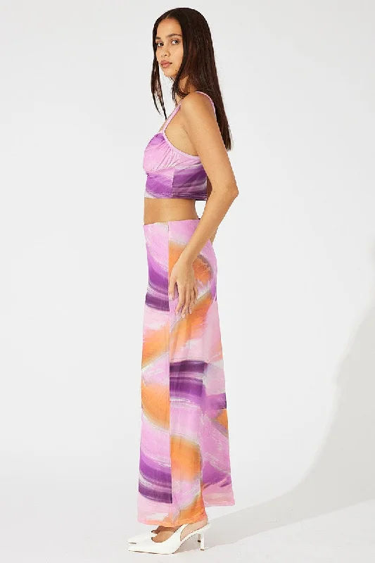 Pink Abstract Maxi Skirt High Rise Mesh