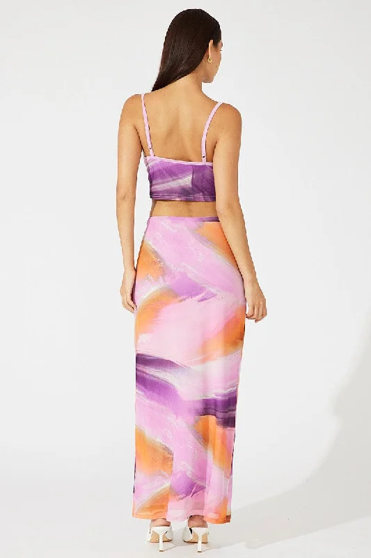 Pink Abstract Maxi Skirt High Rise Mesh