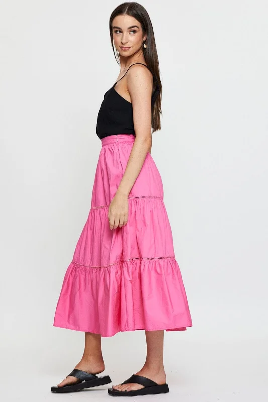 Pink Maxi Skirt High Rise Tiered Cotton