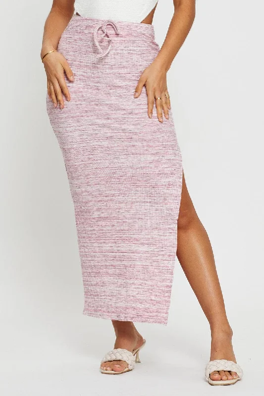 Pink Ribbed Bodycon Midi Skirt