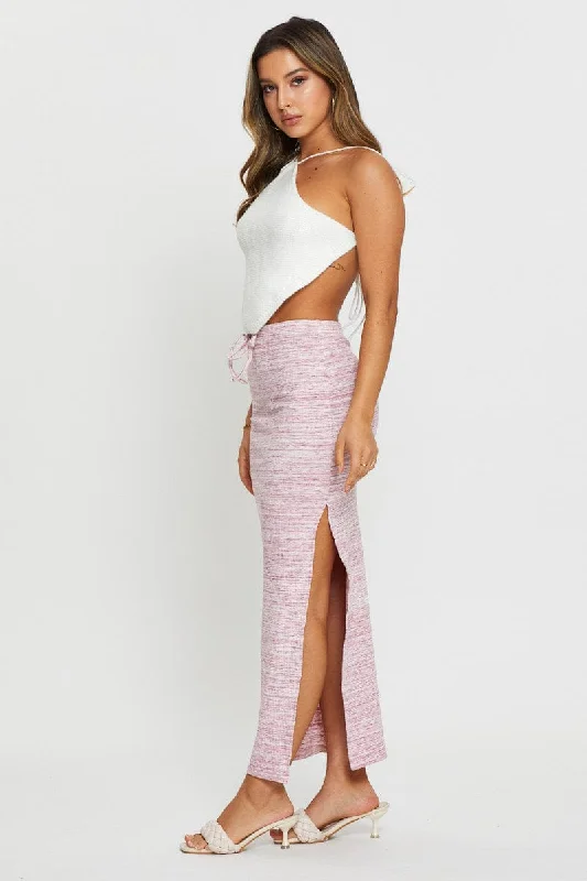 Pink Ribbed Bodycon Midi Skirt