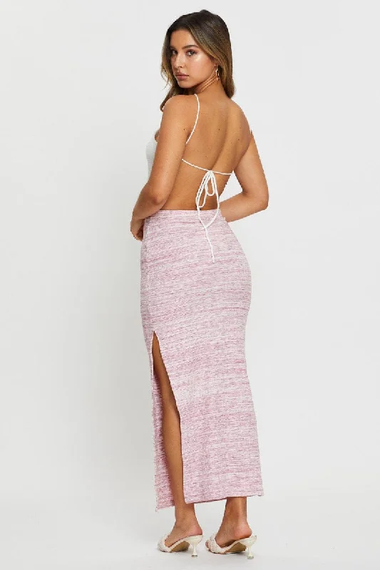 Pink Ribbed Bodycon Midi Skirt