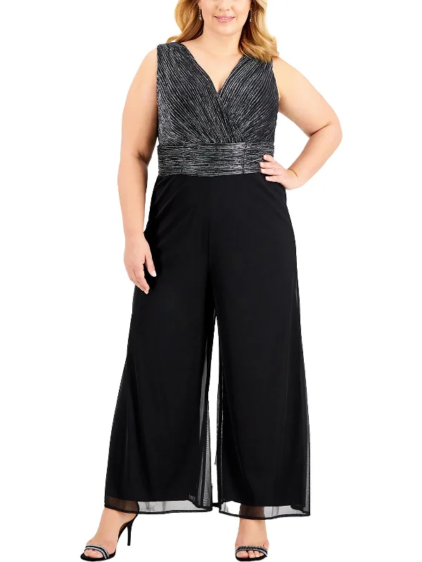 Plus Womens Metallic Surplice Jumpsuit