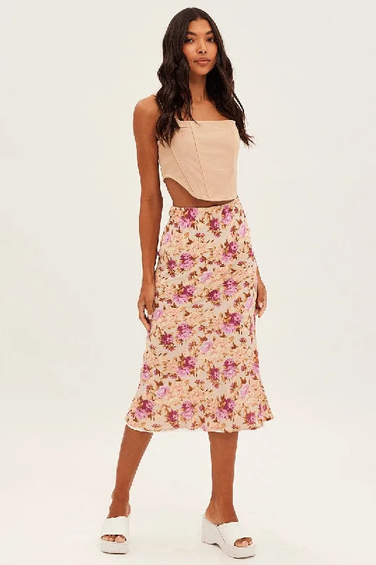 Print Print Midi Skirt Slip Lined Chiffon