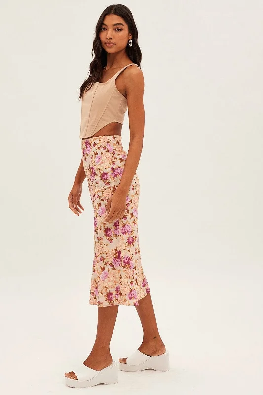 Print Print Midi Skirt Slip Lined Chiffon