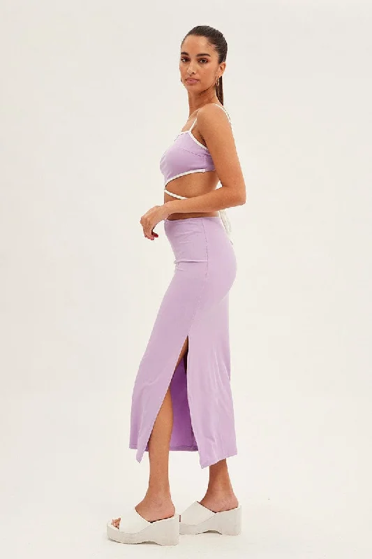 Purple Midi Skirt Bodycon Tie Contrast Ribbed