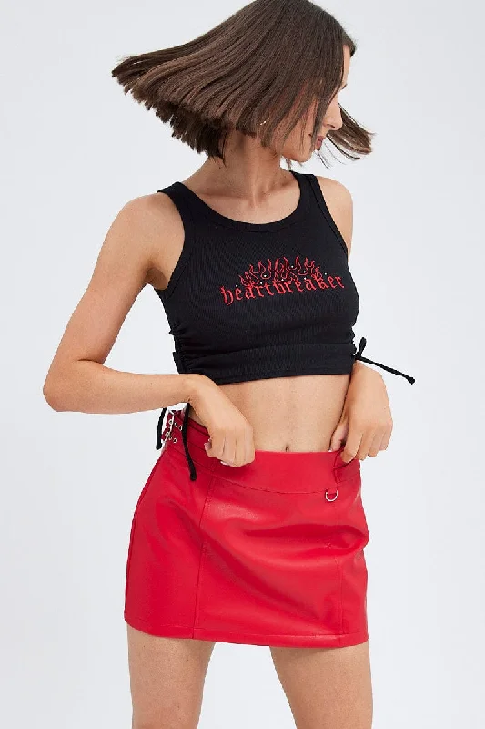 Red Faux Leather Skirt Mid Rise Mini Buckle Detail