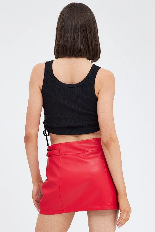 Red Faux Leather Skirt Mid Rise Mini Buckle Detail