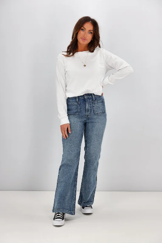 Shine On Label Leo Patch Pocket Flare Jean Indigo