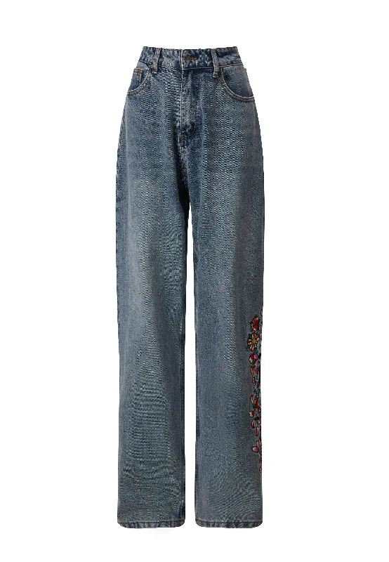 Womens Skull-Flower-Baggy Jeans - Bleach