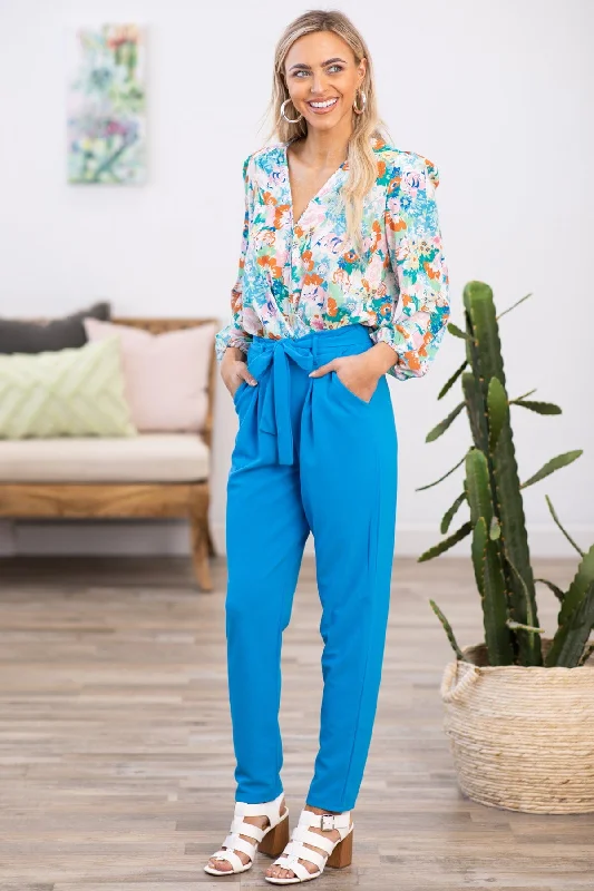 Sky Blue Tie Waist Pleat Dress Pants