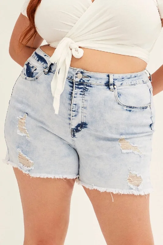 Steel Blue Mid Rise Acid Wash Distressed Skinny Denim Shorts