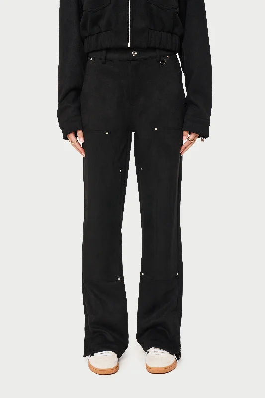 SUEDE CARPENTER STRAIGHT LEG TROUSERS - BLACK