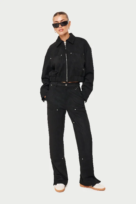 SUEDE CARPENTER STRAIGHT LEG TROUSERS - BLACK