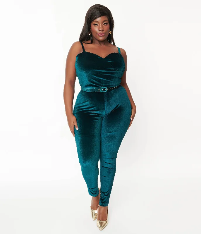 Unique Vintage Plus Size 1970s Teal Velvet Jumpsuit