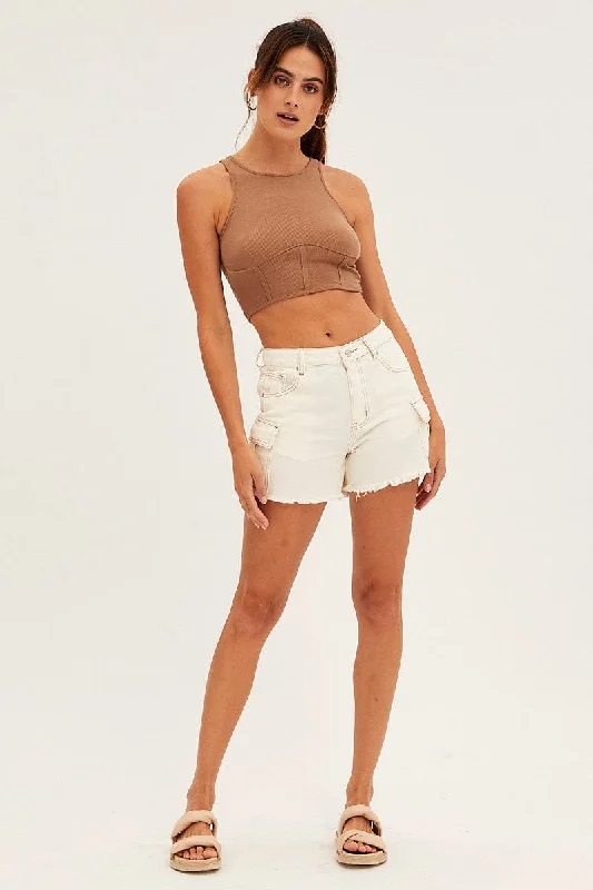 White Cargo Denim Shorts High Rise