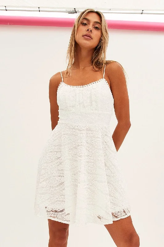 White Lace Trim Circle Skirt Dress