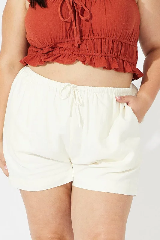 White Shorts Mid Rise Linen Blend