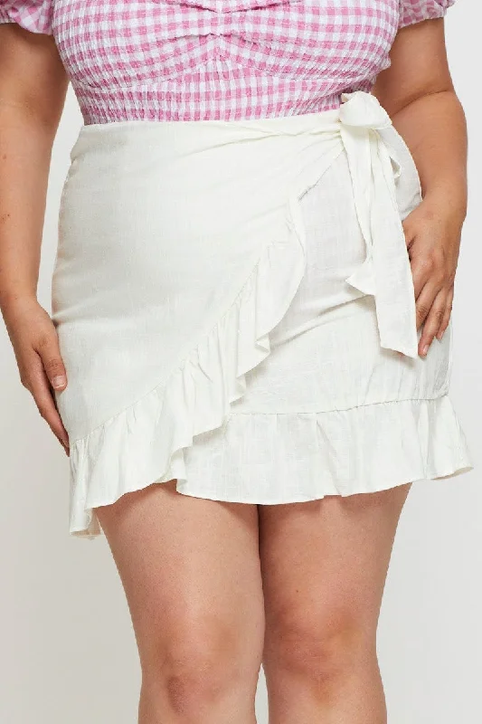 White Wrap Skirt Linen Blend Ruffle Hem