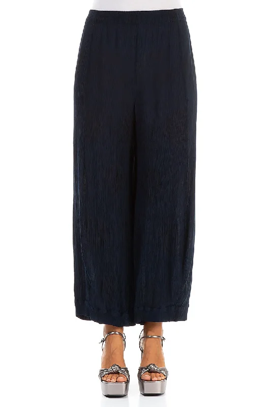 Wide Crinkled Dark Navy Silk Viscose Trousers