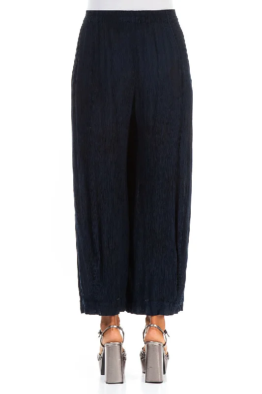 Wide Crinkled Dark Navy Silk Viscose Trousers