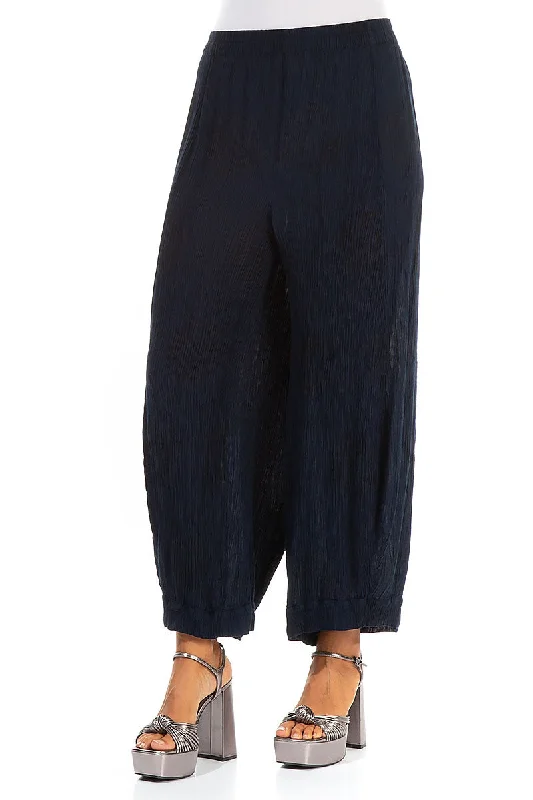 Wide Crinkled Dark Navy Silk Viscose Trousers