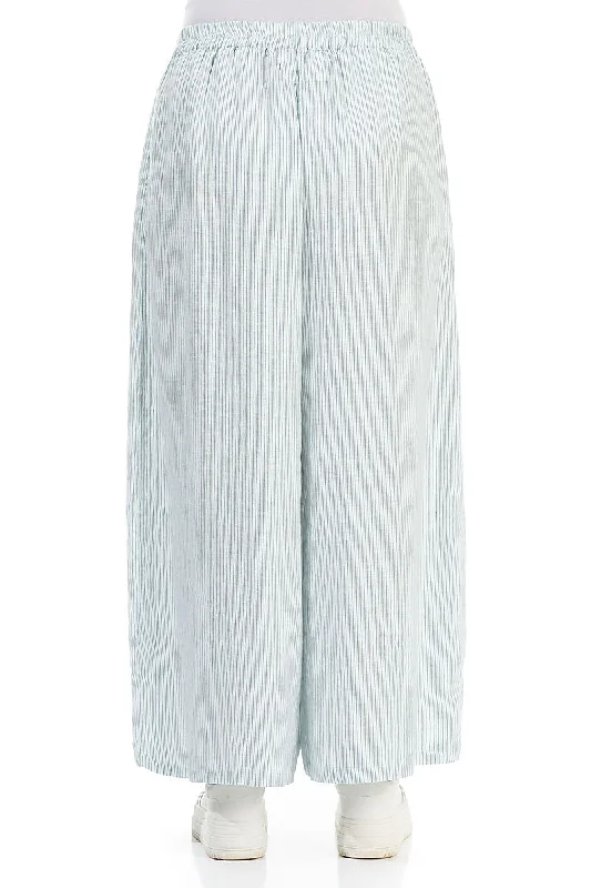 Wide Leg Blue Striped Linen Trousers