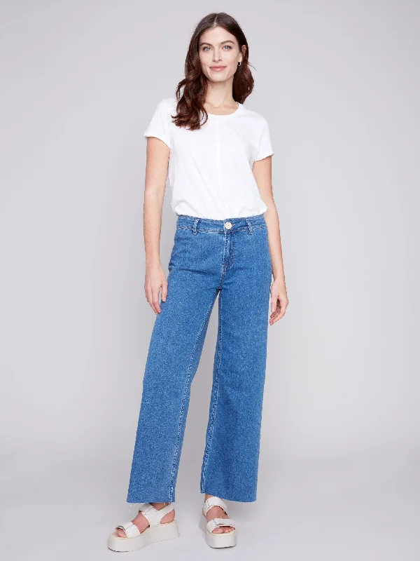 Wide Leg Jeans with Raw Hem - Medium Blue