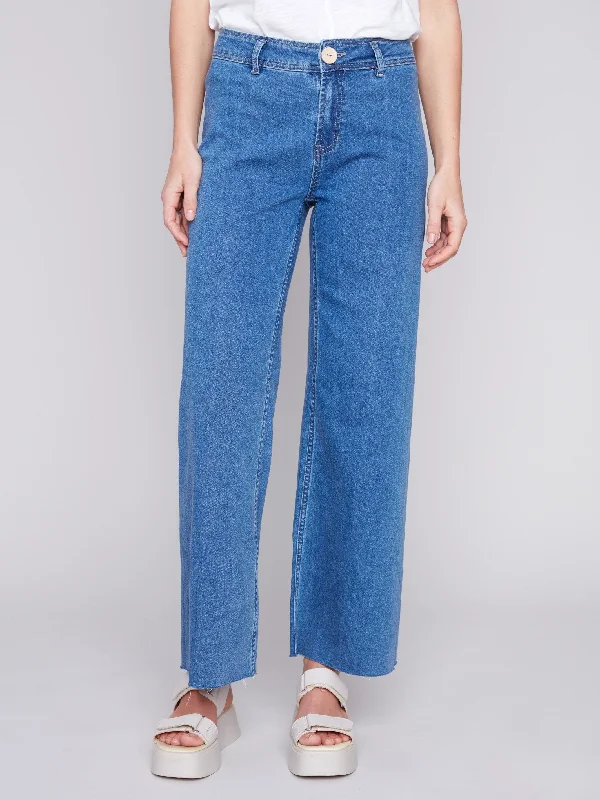 Wide Leg Jeans with Raw Hem - Medium Blue