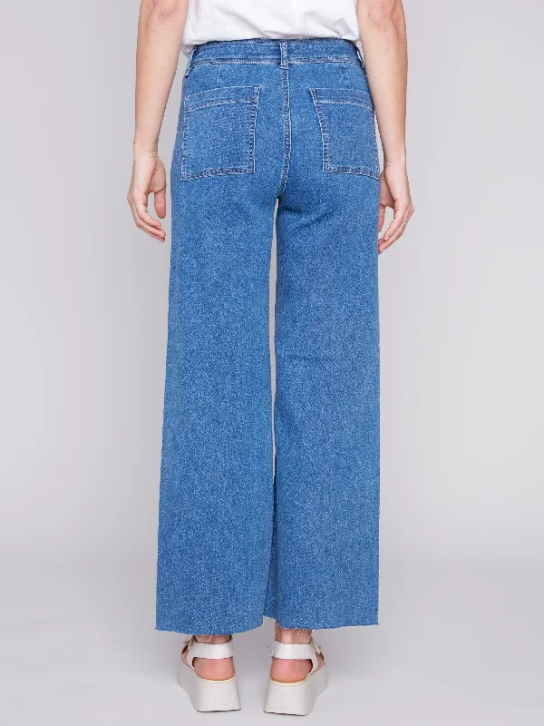 Wide Leg Jeans with Raw Hem - Medium Blue