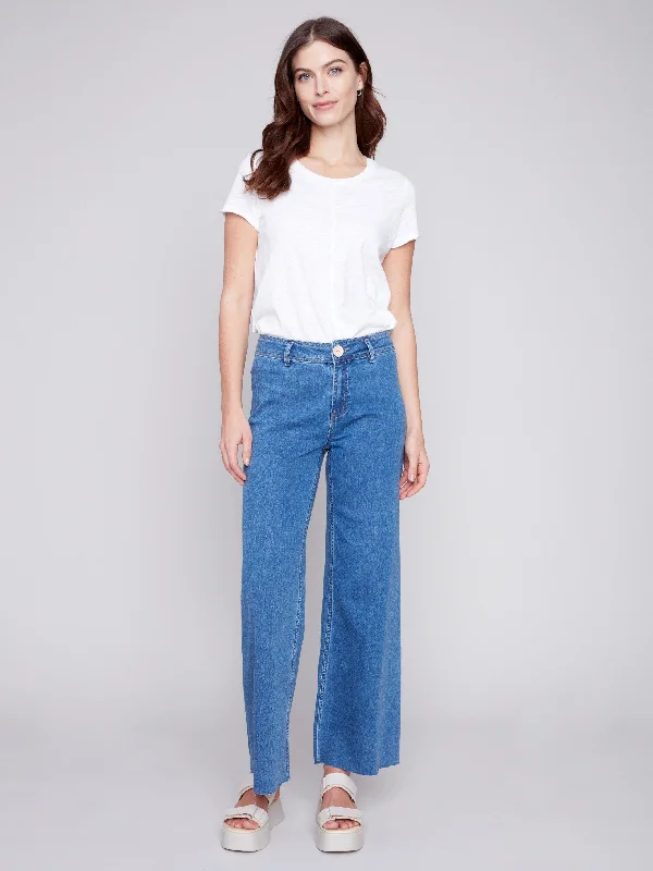 Wide Leg Jeans with Raw Hem - Medium Blue