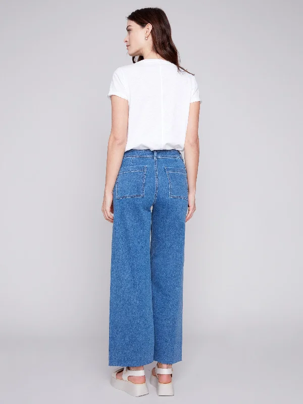 Wide Leg Jeans with Raw Hem - Medium Blue