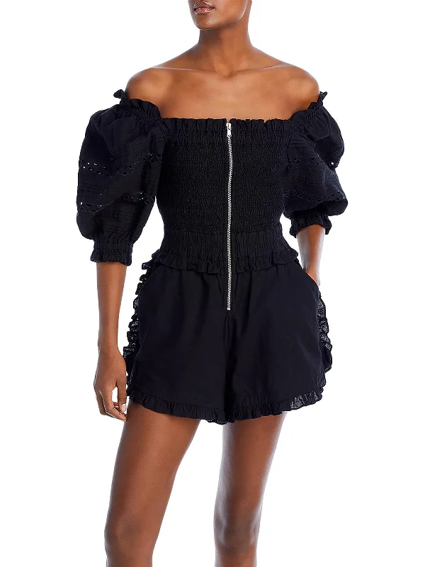 Willa Womens Ruffled Ladder Stitch Romper