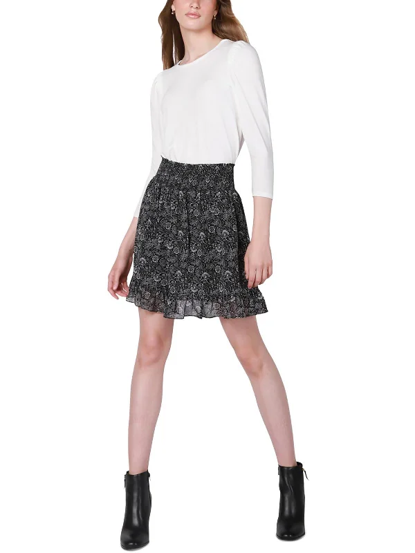 Womens Floral Print Smocked Mini Skirt