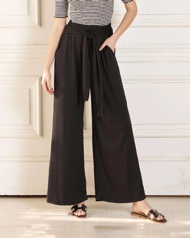 High Waisted Front Tie Wide Leg Pants - Black