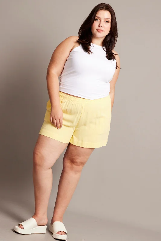 Yellow Elastic Waist Lined Linen Blend Shorts