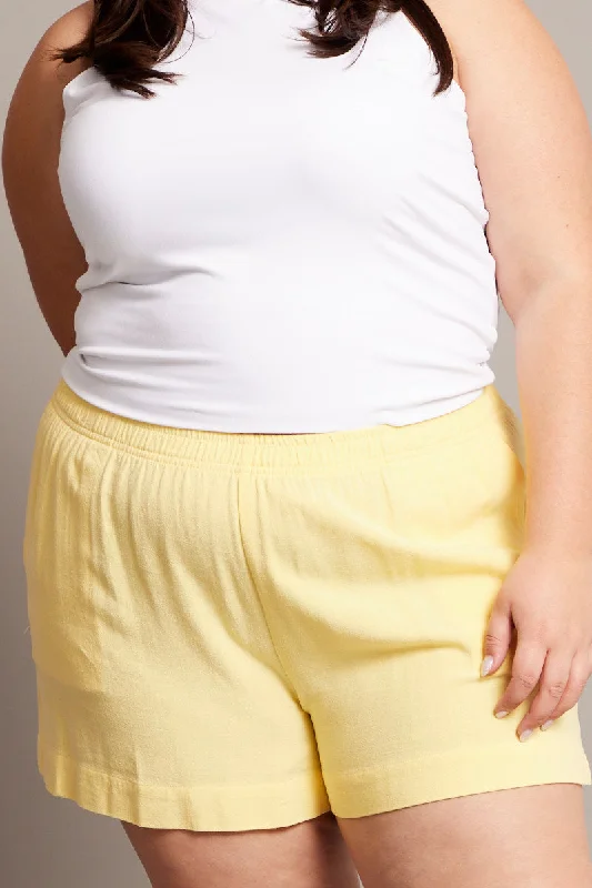 Yellow Elastic Waist Lined Linen Blend Shorts