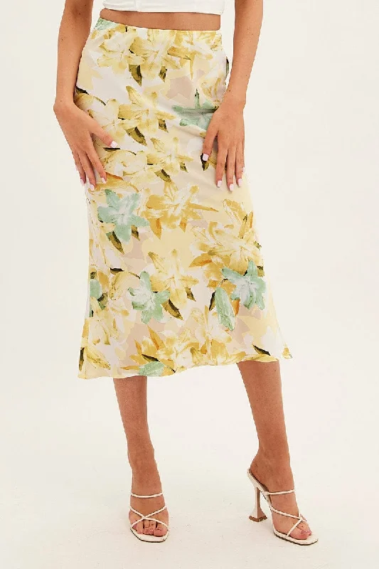 Yellow Floral Midi Skirt Slip Floral Print