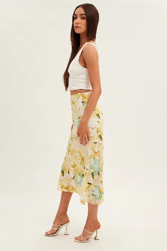 Yellow Floral Midi Skirt Slip Floral Print