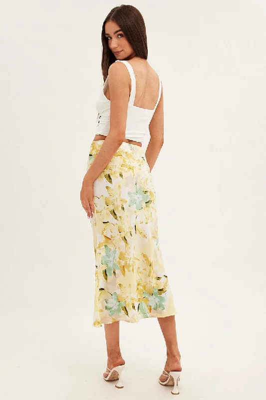 Yellow Floral Midi Skirt Slip Floral Print